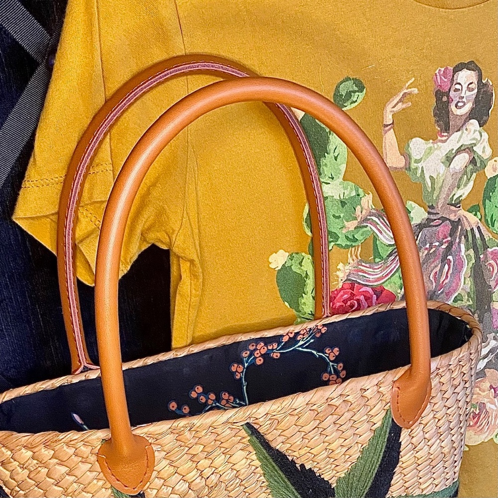 Embroidered Straw Tote Bag in Natural with Green Accents - Picture 8 of 11